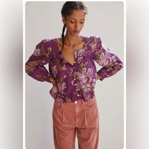 Anthropologie Love The Label Floral Puff-Sleeved Blouse